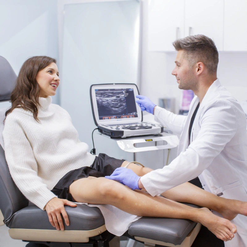 Dr. Jack Bulat is performing a medical consultation with a patient in a clinic, using an ultrasound machine to examine her leg. Both are engaged in a conversation while Dr. Bulat points to the ultrasound display.